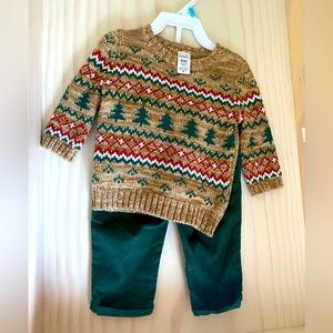 NWOT Baby Boy’s 6mo Christmas Winter Sweater and Corduroy Green Pants Set